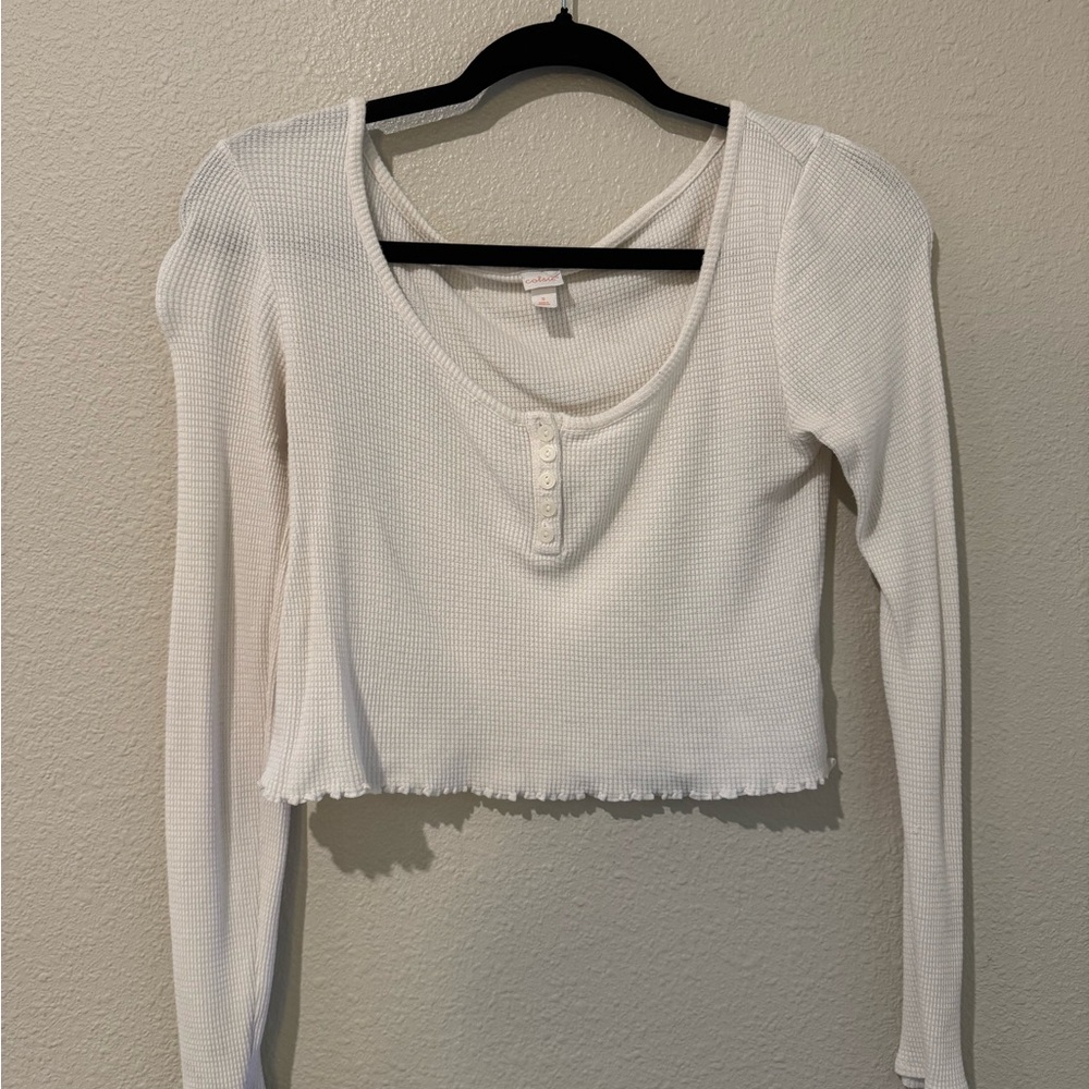White Long Sleeve Henley Waffle Knit Top